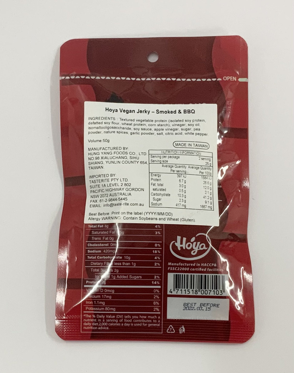 Hoya Vegan Jerky Smoked and BBQ 50g